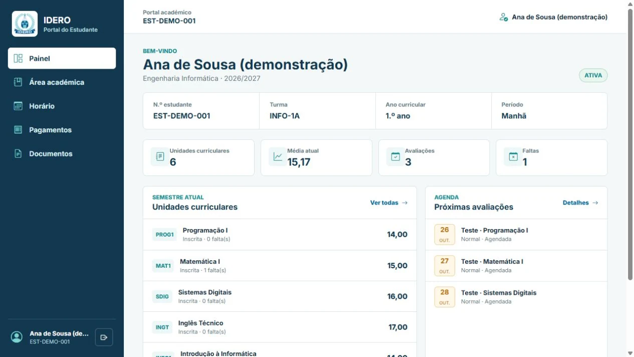 Portal do estudante do Elcam-SIGU, numa configuração institucional com dados fictícios de demonstração.